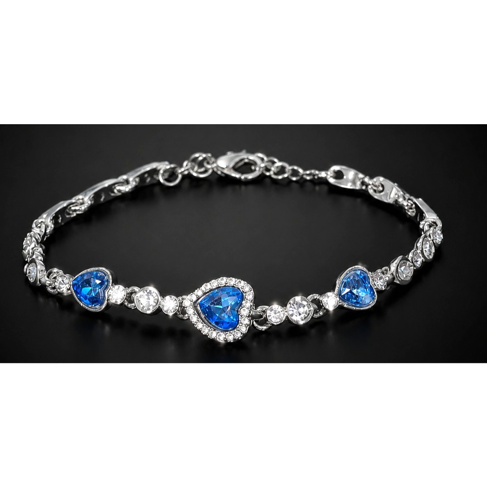 Blue Heart Rhinestone Silver Tone Tennis‎ Bracelet 9" incudes extender B-TN25
